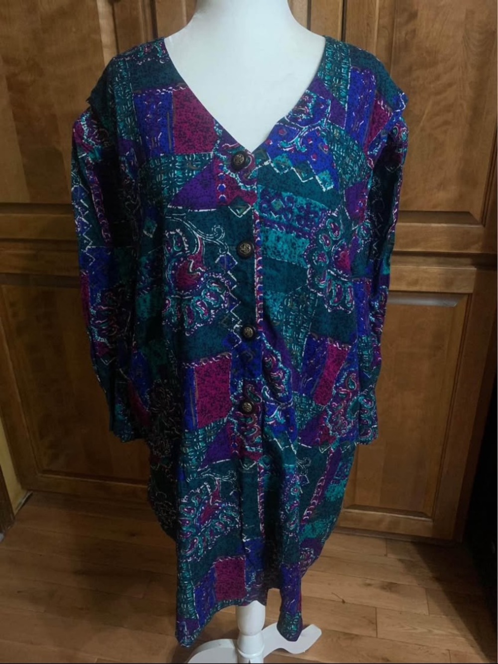 Vintage More Jazz Green Purple Blue Rayon Sz 18 Tunic Blouse Button Down Great